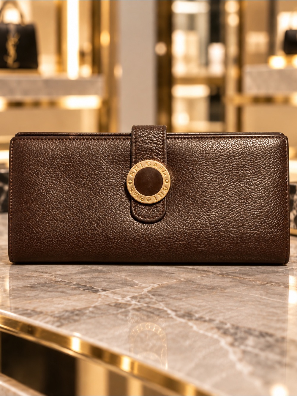 Bvlgari Vintage Y2K Dark Brown Pebbled Leather Continental Wallet